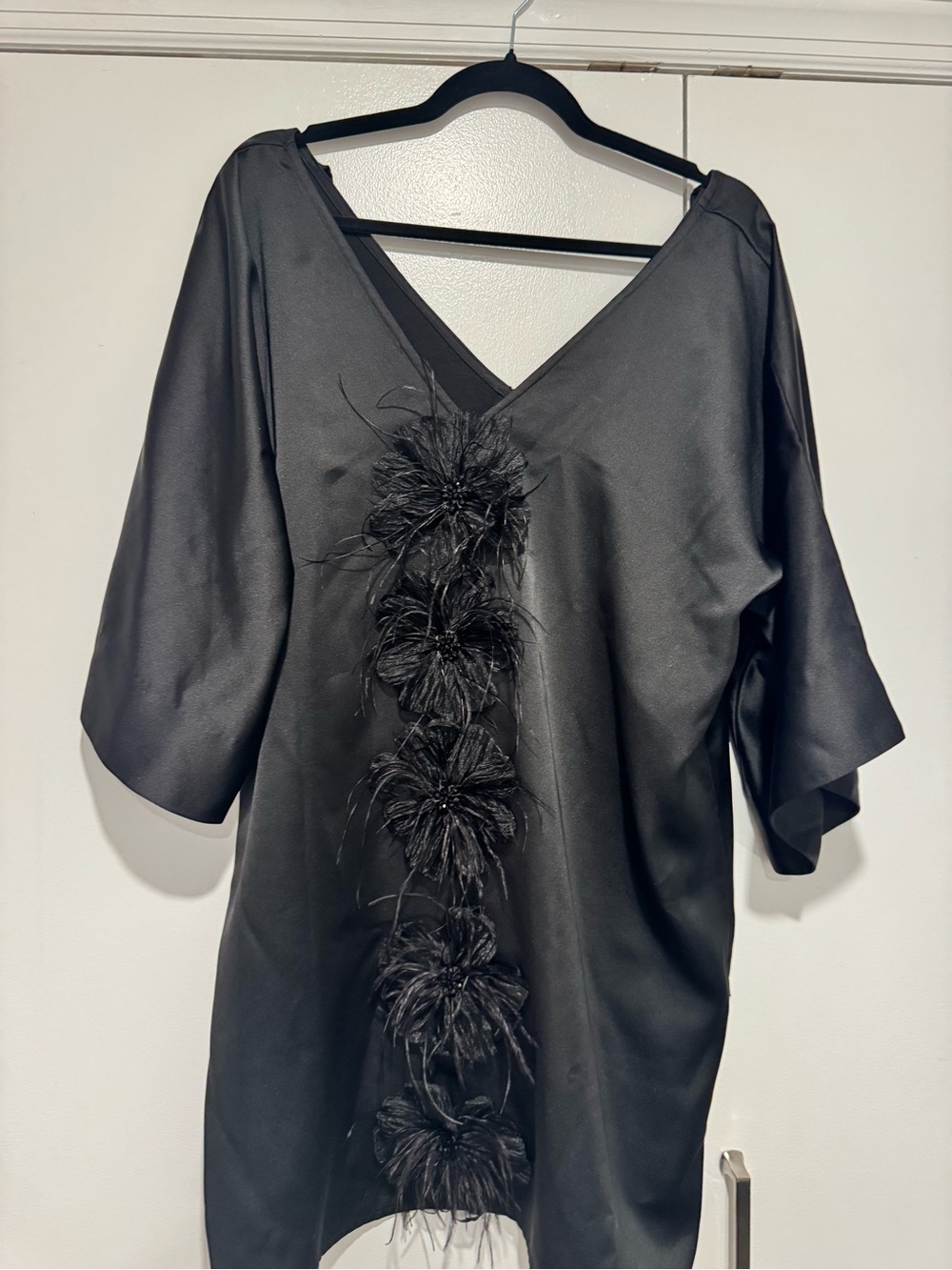 Tuckernuck Black V-Neck Mini Dress with Feathered Floral Trim